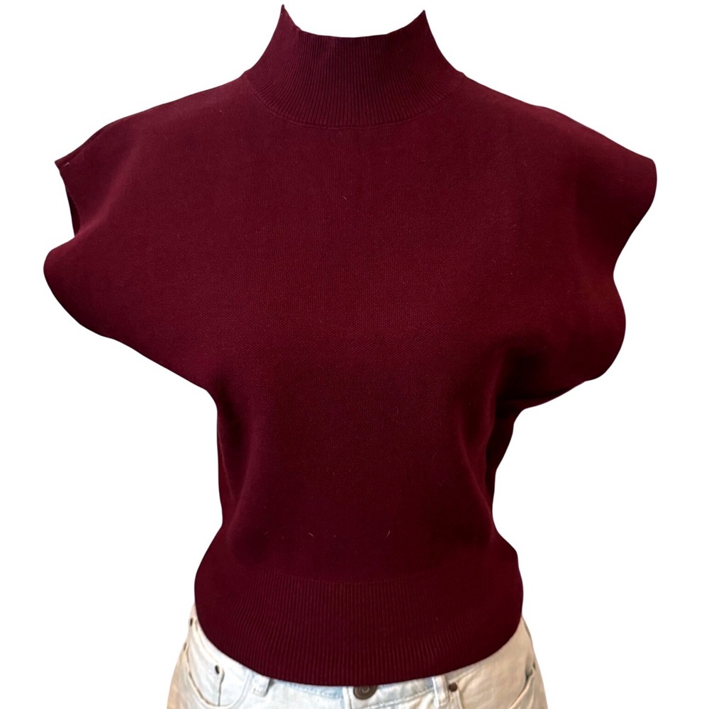 Mock Neck Knit Top Cropped Sweater Burgundy Commense Sz S